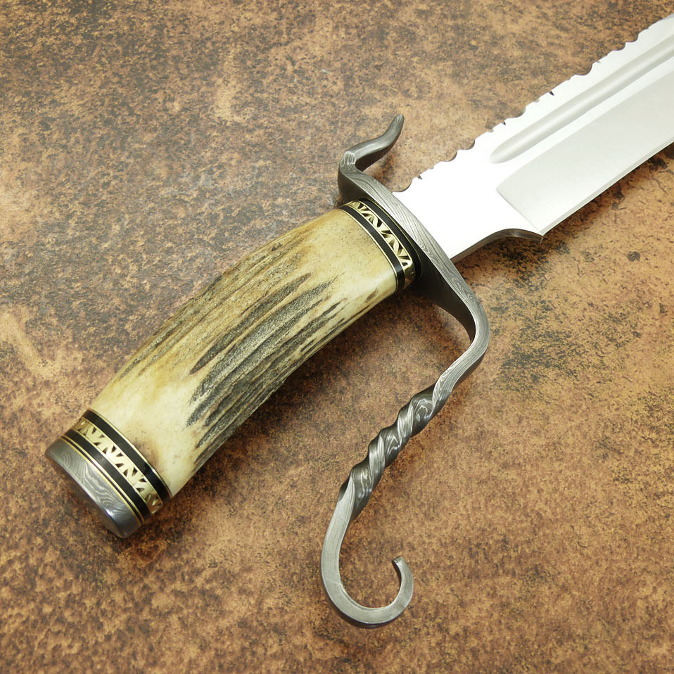 IMPACT CUTLERY RARE CUSTOM 1 OF A KIND BOWIE KNIFE STAG ANTLER DAMASCUS GUARD