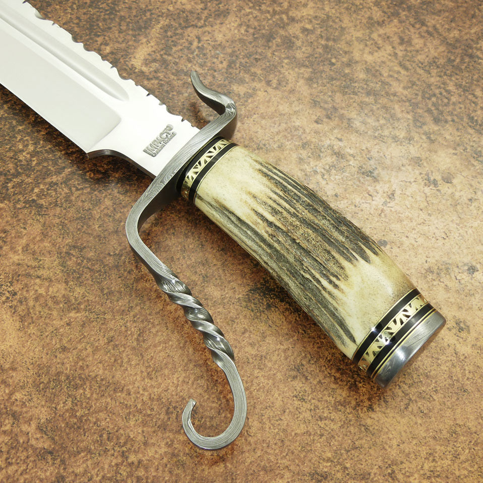 IMPACT CUTLERY RARE CUSTOM 1 OF A KIND BOWIE KNIFE STAG ANTLER DAMASCUS GUARD