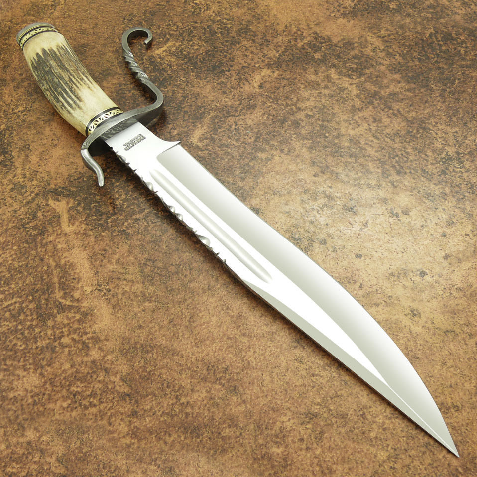 IMPACT CUTLERY RARE CUSTOM 1 OF A KIND BOWIE KNIFE STAG ANTLER DAMASCUS GUARD