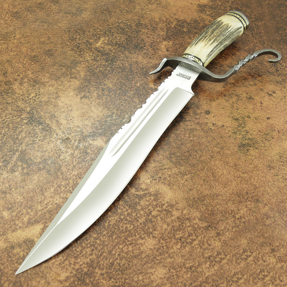 IMPACT CUTLERY RARE CUSTOM 1 OF A KIND BOWIE KNIFE STAG ANTLER DAMASCUS GUARD
