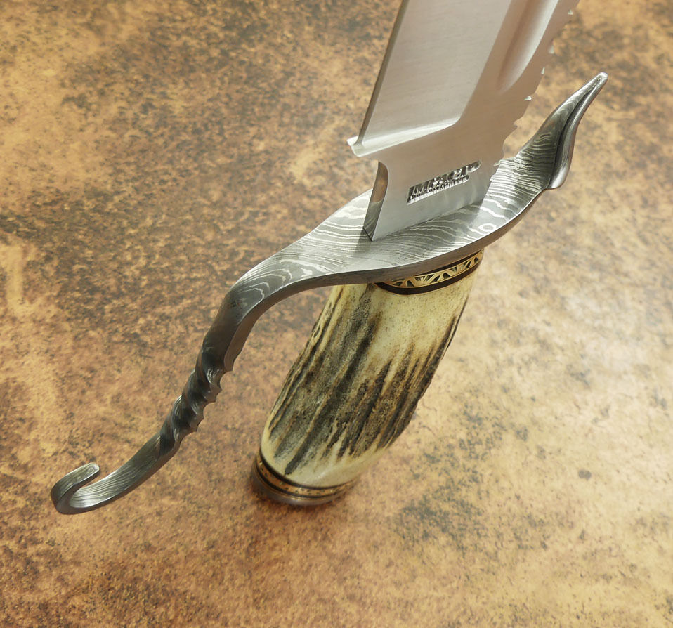 IMPACT CUTLERY RARE CUSTOM 1 OF A KIND BOWIE KNIFE STAG ANTLER DAMASCUS GUARD