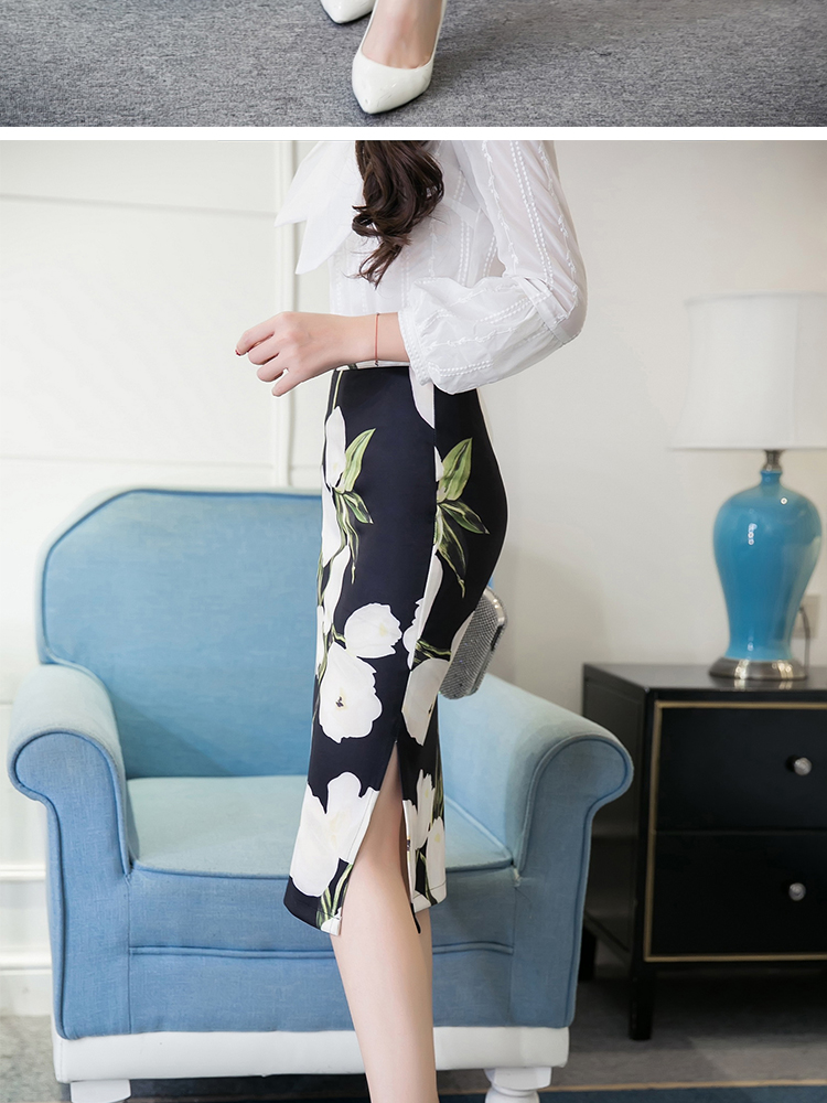 กระโปรงทำงานสีดำ ลายดอกไม้ ทรงเอ