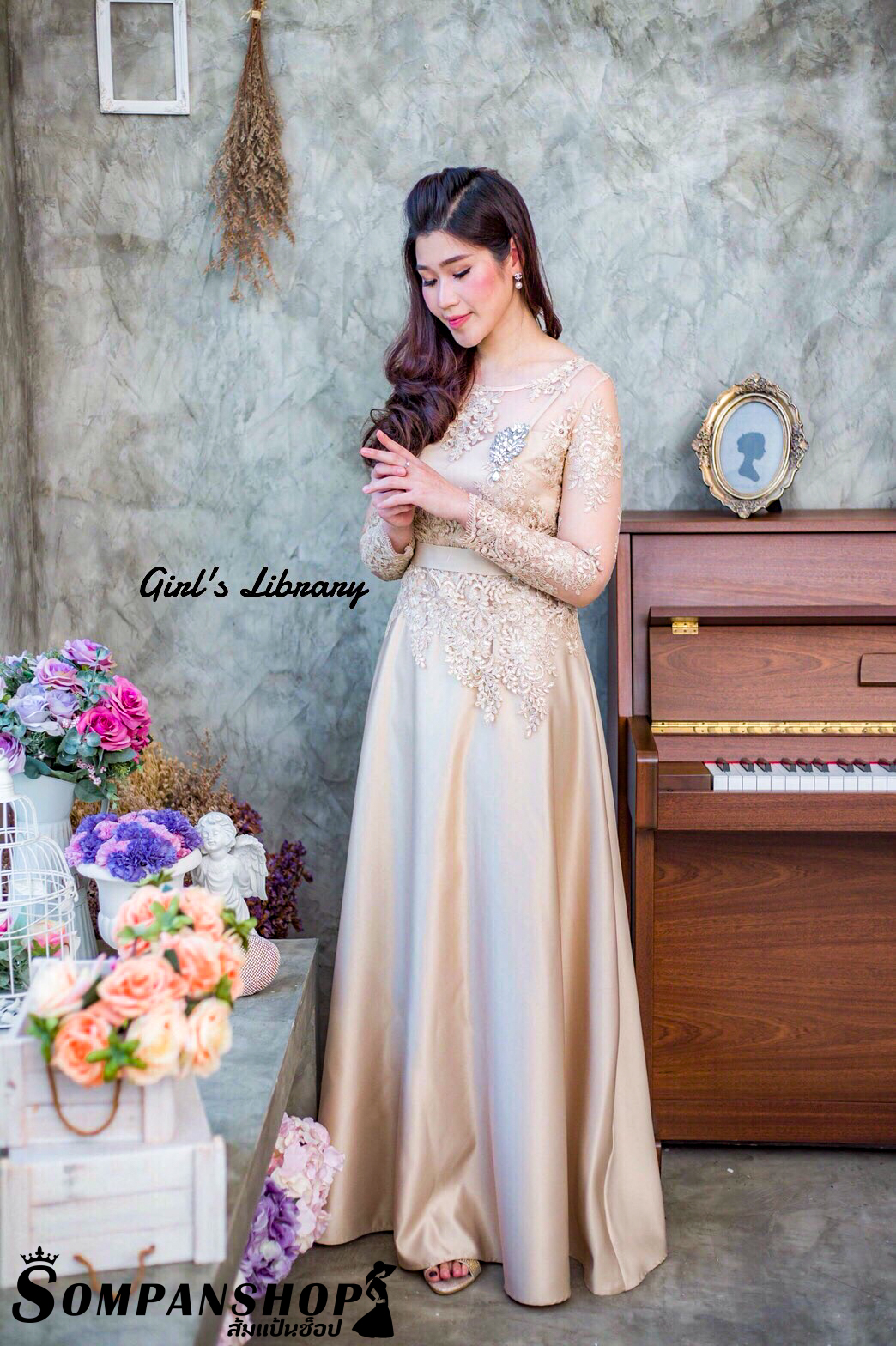 ชุดออกงานราตรียาวสีทอง ปักลูกไม้ แขนยาว กระโปรงยาวผ้าไหมอิตาลี เรียบหรูดูแพง ชุดไปงานแต่งผู้ใหญ่