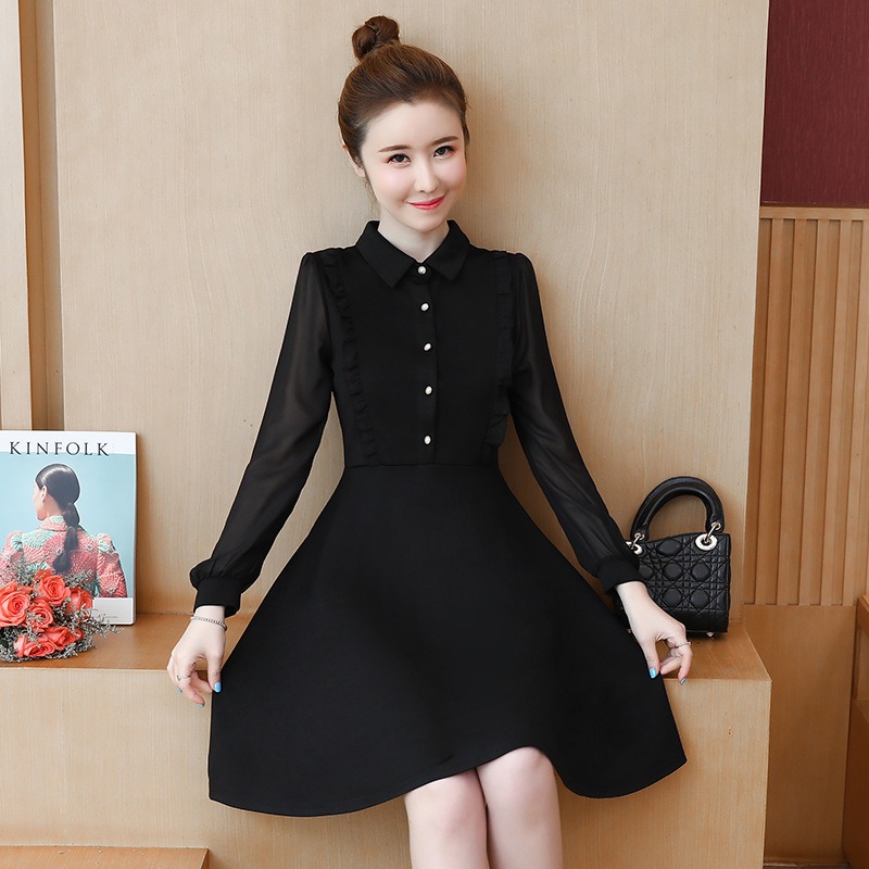 ชุดเดรสสั้นสีดำ คอเชิ้ต แขนยาว แนวเรียบร้อย สวยสุภาพ