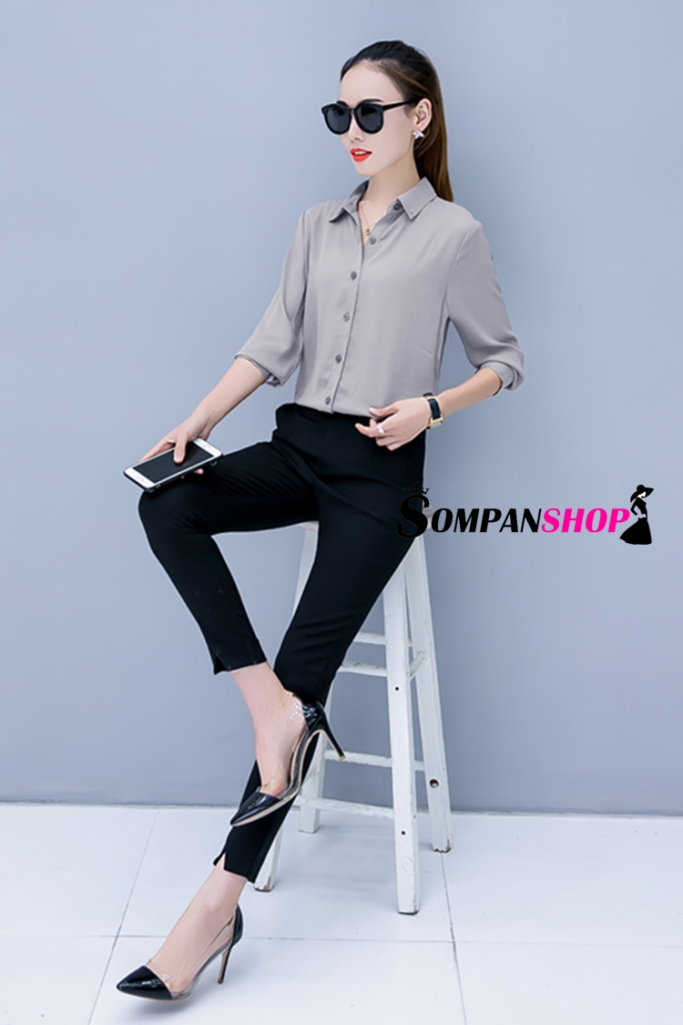 เสื้อเชิ้ตผู้หญิงทำงานสีเทา แขนยาว กระดุมหน้า ผ้าชีฟอง