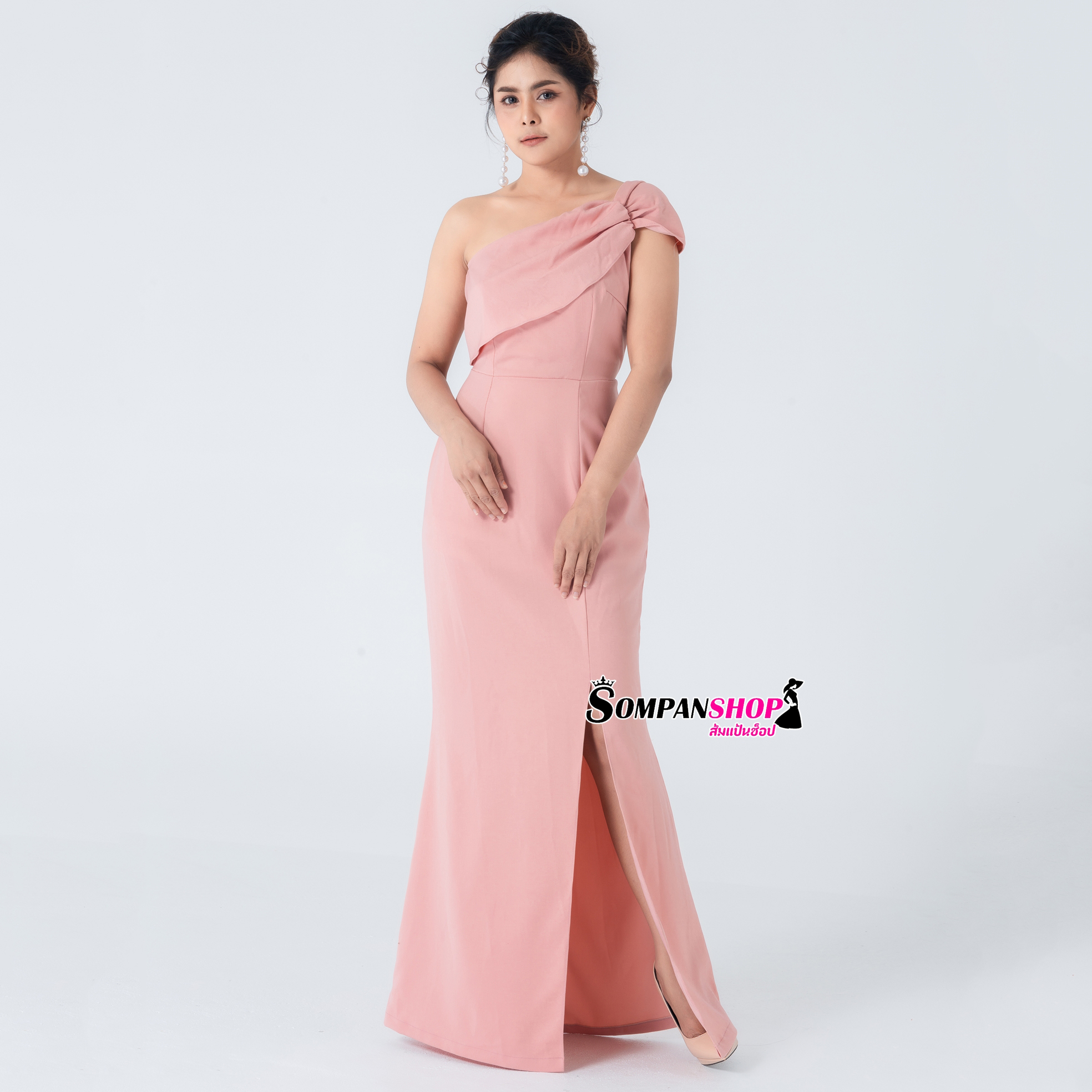 ชุดเดรสยาวออกงาน ไหล่เฉียงข้าง สี : แดง,เทา,ชมพู