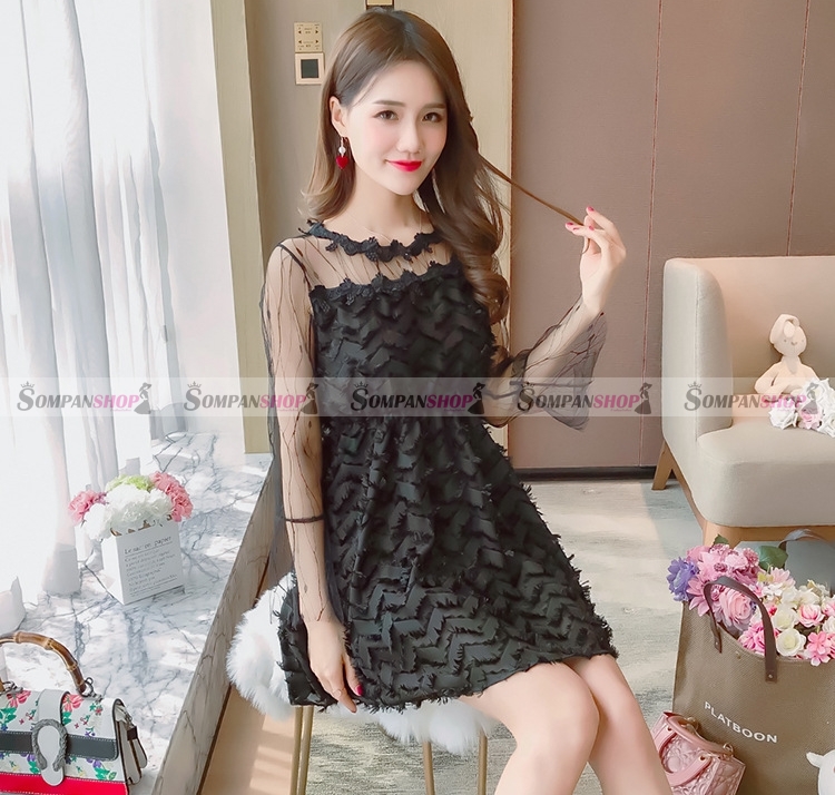 ชุดเดรสสั้นสีดำ แต่งขนฟรุ่งฟริ้งน่ารักๆ แขนยาวซีทรู สไตล์สวยๆ น่ารักๆ