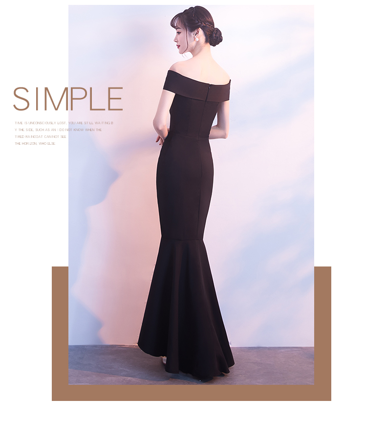 ชุดราตรียาวสีดำ เปิดไหล่ กระโปรงยาวทรงหางปลา แบบหน้าสั้น-หลังยาว