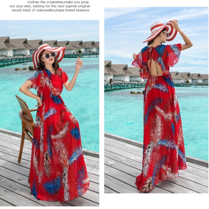 ชุดเที่ยวทะเลสีแดงลายใบไม้ แม็กซี่เดรสยาวโชว์หลัง กระโปรงยาว ผ้าชีฟอง
