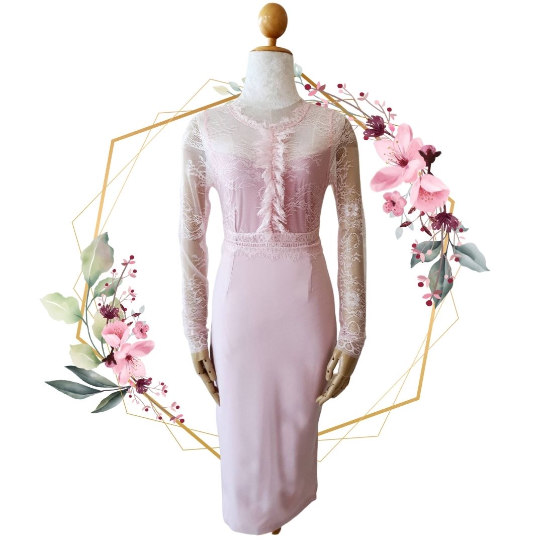 ชุดเดรสออกงานสีชมพู ลูกไม้ทรงเข้ารูป เรียบหรู สวย ดูดี ใส่เป็น ชุดราตรี ชุดออกงาน ชุดไปงานแต่งงานกลางวัน กลางคืน