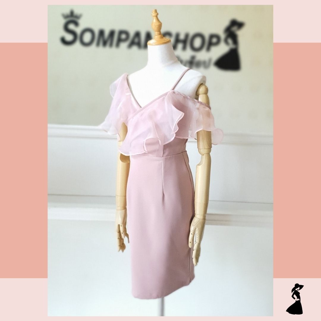 ชุดไปงานแต่งงานสีชมพูกะปิ เดรสสั้นแต่งระบายผ้าไหมแก้ว แบบน่ารัก สวยๆ เรียบหรูดูแพง ชุดราตรี ชุดไปงานแต่งงาน ชุดออกงาน