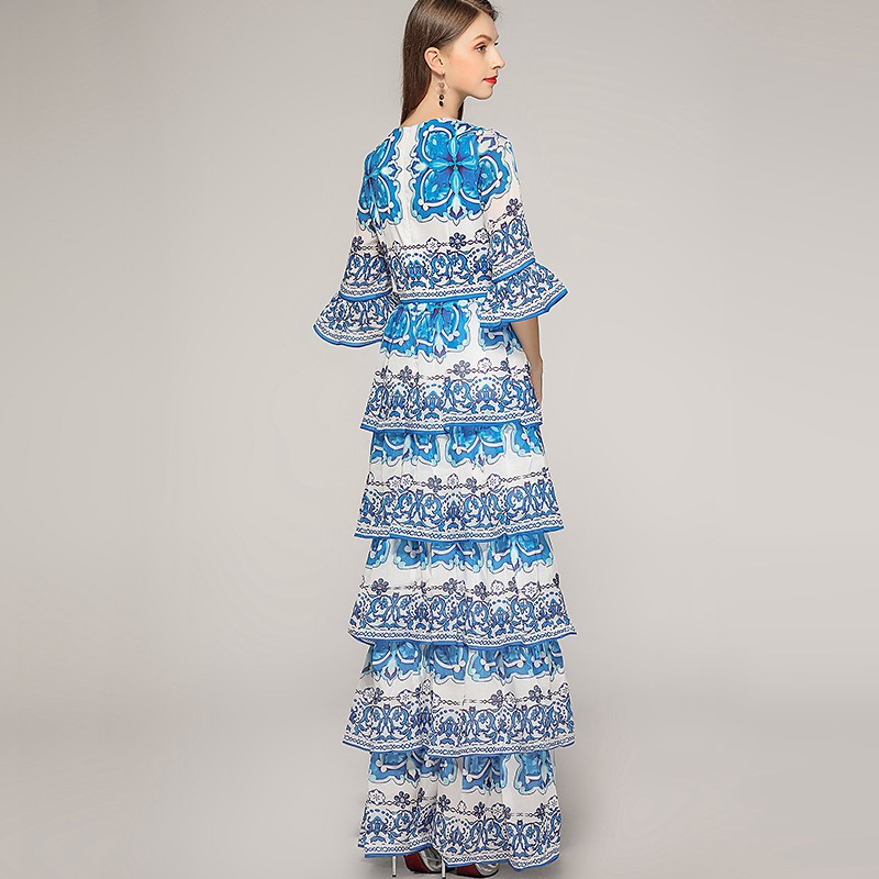SALE ชุดเดรสยาวสีน้ำเงิน พิมพ์ลายสวยเก๋ กระโปรงระบายเป็นชั้นๆ ชุดเดรสคนอ้วนไซส์ใหญ่
