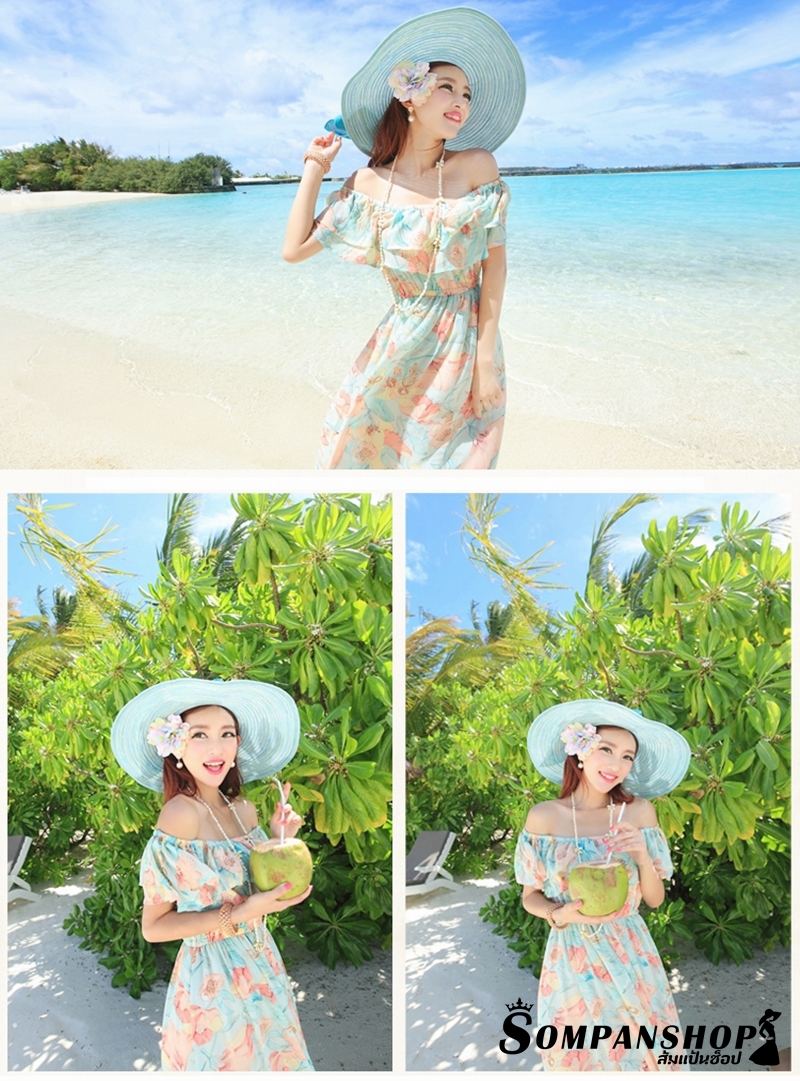 ชุดเดรสเที่ยวทะเลลายดอกไม้สีเขียว เปิดไหล่แต่งระบาย เอวยืด กระโปรงยางทรงบาน