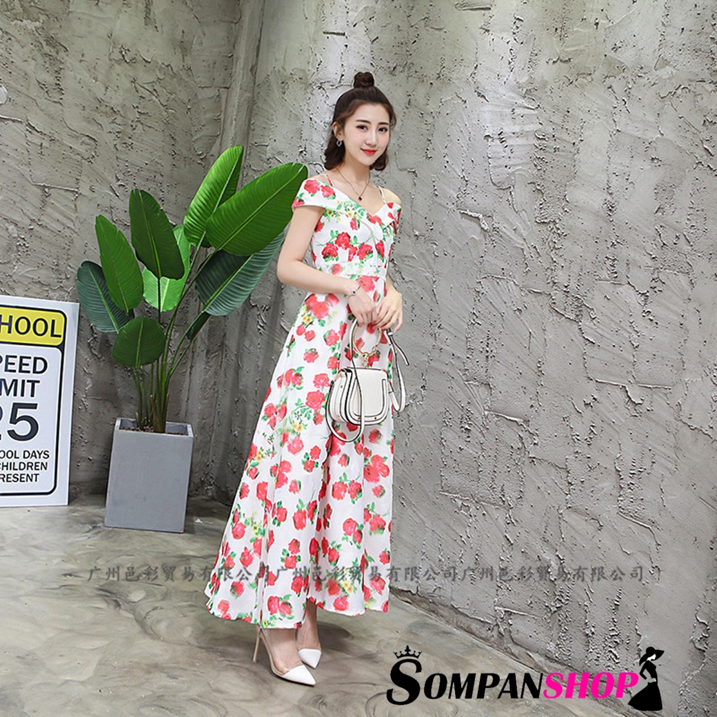 ชุดเดรสยาวสีแดง พิมพ์ลายดอกไม้ เปิดไหล่ แนวสวยหวาน สดใส ดูน่ารัก
