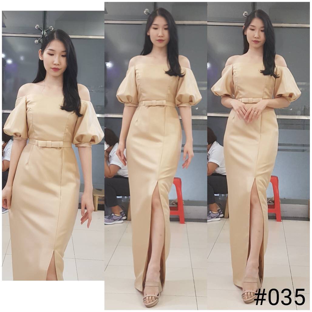 ชุดออกงาน/ชุดไปงานแต่งงานสีทอง เปิดไหล่ แขนทรงบอลลูน กระโปรงยาวผ่าหน้า