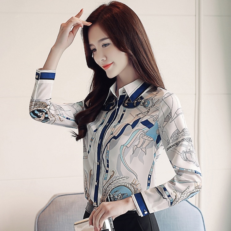 เสื้อเชิ้ตผู้หญิงสีขาวลายเรือสวยเก๋ คอปก แขนยาว กระดุมหน้า