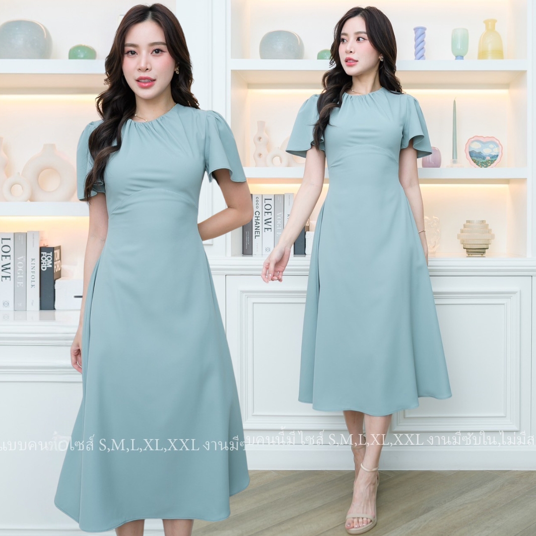 ชุดออกงาน/ชุดไปงานแต่งสีเขียวมิ้น/สีเขียวพาสเทล เดรสสั้นคอกลม แขนสั้นระบาย กระโปรงคลุมเข่า แนวเรียบหรู สวยดูดี ใส่ได้ทั้งงานกลางวัน/งานกลางคืน