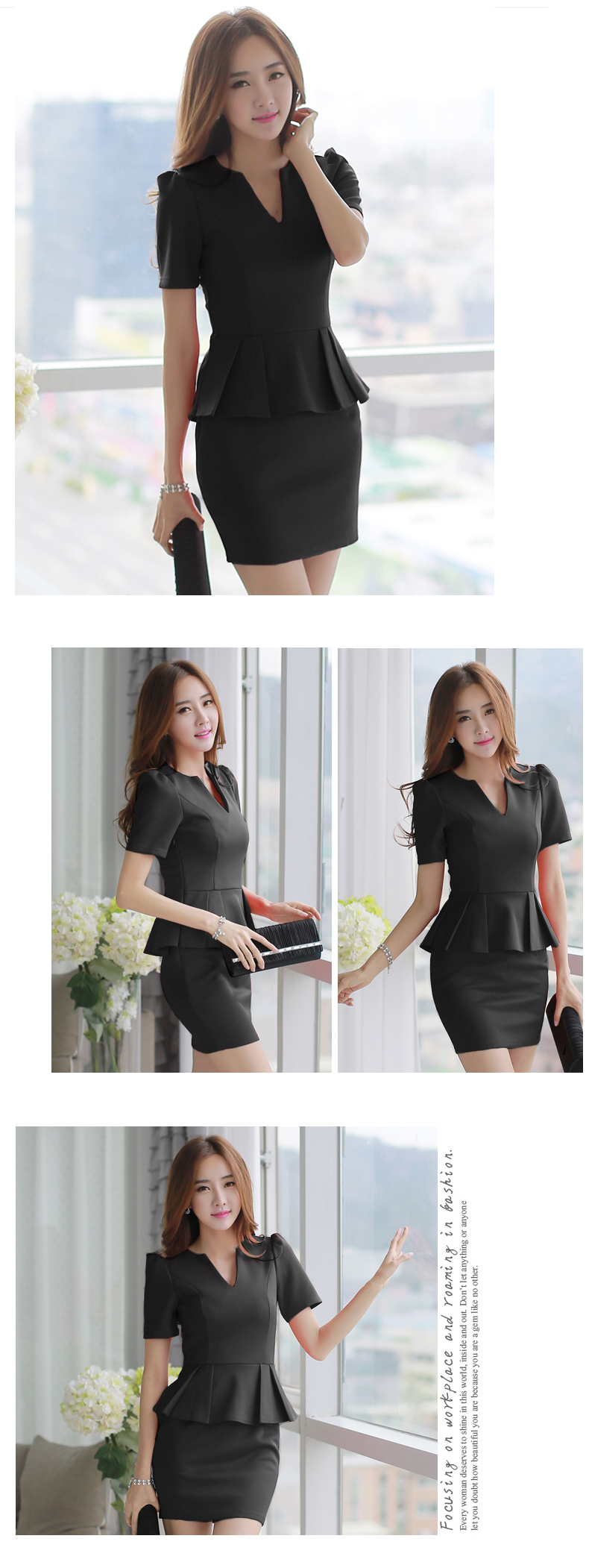 ชุดเดรสสั้นสีดำ เข้ารูป คอวี แขนสั้น เอวแต่งระบายปิดสะโพก ลุคสวยน่ารัก ดูดี ใส่ทำงานได้