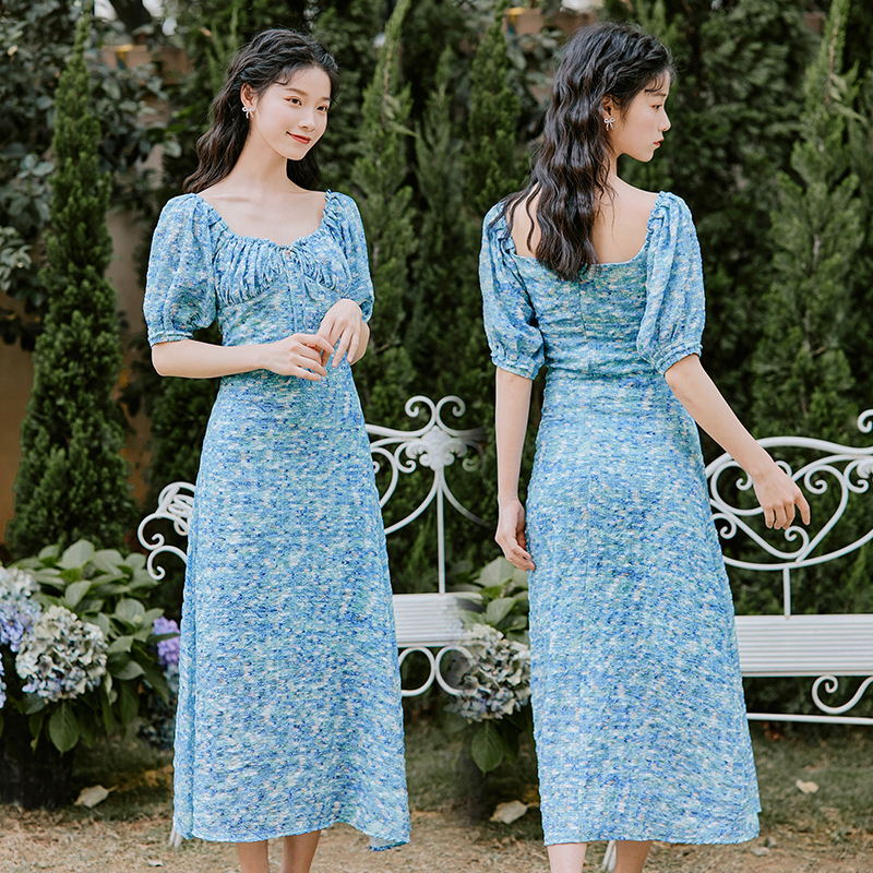 ชุดเดรสยาวสีฟ้า แขนจั๊มตุ๊กตา สวยๆ น่ารักๆ ใส่เป็นชุดเดรสลำลอง ชุดใส่เที่ยวทะเล