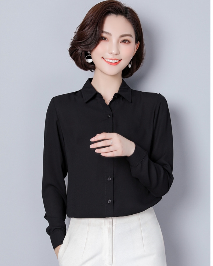 เสื้อเชิ้ตสีดำผู้หญิง แขนยาว ทรงสวย สไตล์เนี้ยบๆ ใส่ทำงาน ใส่เที่ยว แมทซ์กับกางเกง/กระโปรงได้
