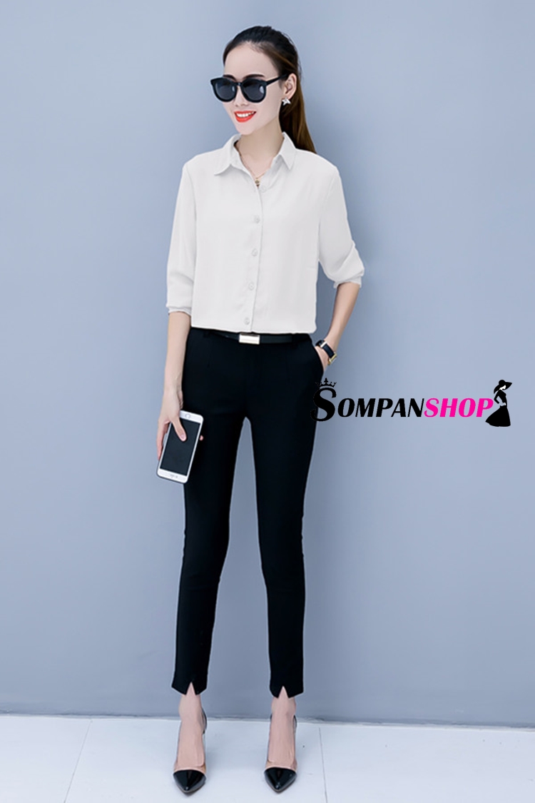 เสื้อเชิ้ตผู้หญิงทำงานสีขาว แขนยาว กระดุมหน้า ผ้าชีฟอง