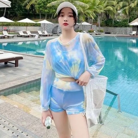 ชุดเที่ยวทะเลสวยเก๋ เซ็ท 3 ชิ้น สีฟ้าลายพาสเทล