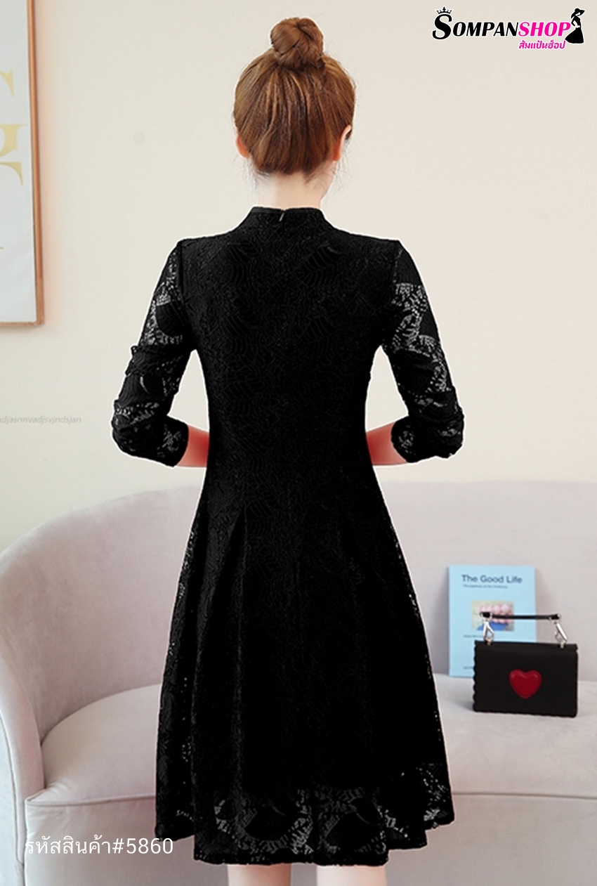 ชุดเดรสลูกไม้สีดำเรียบร้อย สุภาพ คอจีน แขนยาว กระโปรงสั้นคลุมเข่า