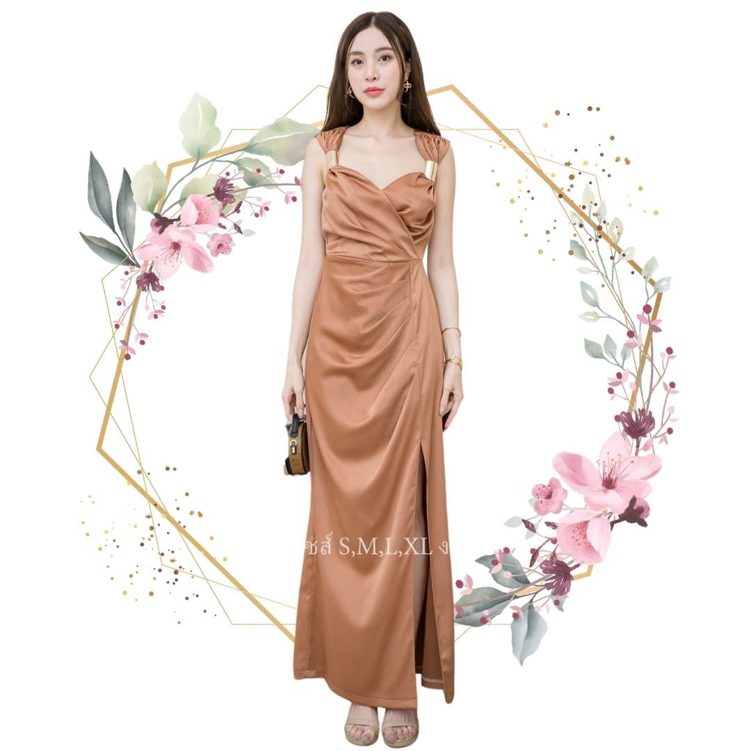 ชุดราตรียาวสีน้ำตาลทอง ไหล่แต่งเหล็ก แขนกุด แนวเรียบหรู สวยดูแพง ใส่ออกงานราตรี งานแต่งงานกลางคืน