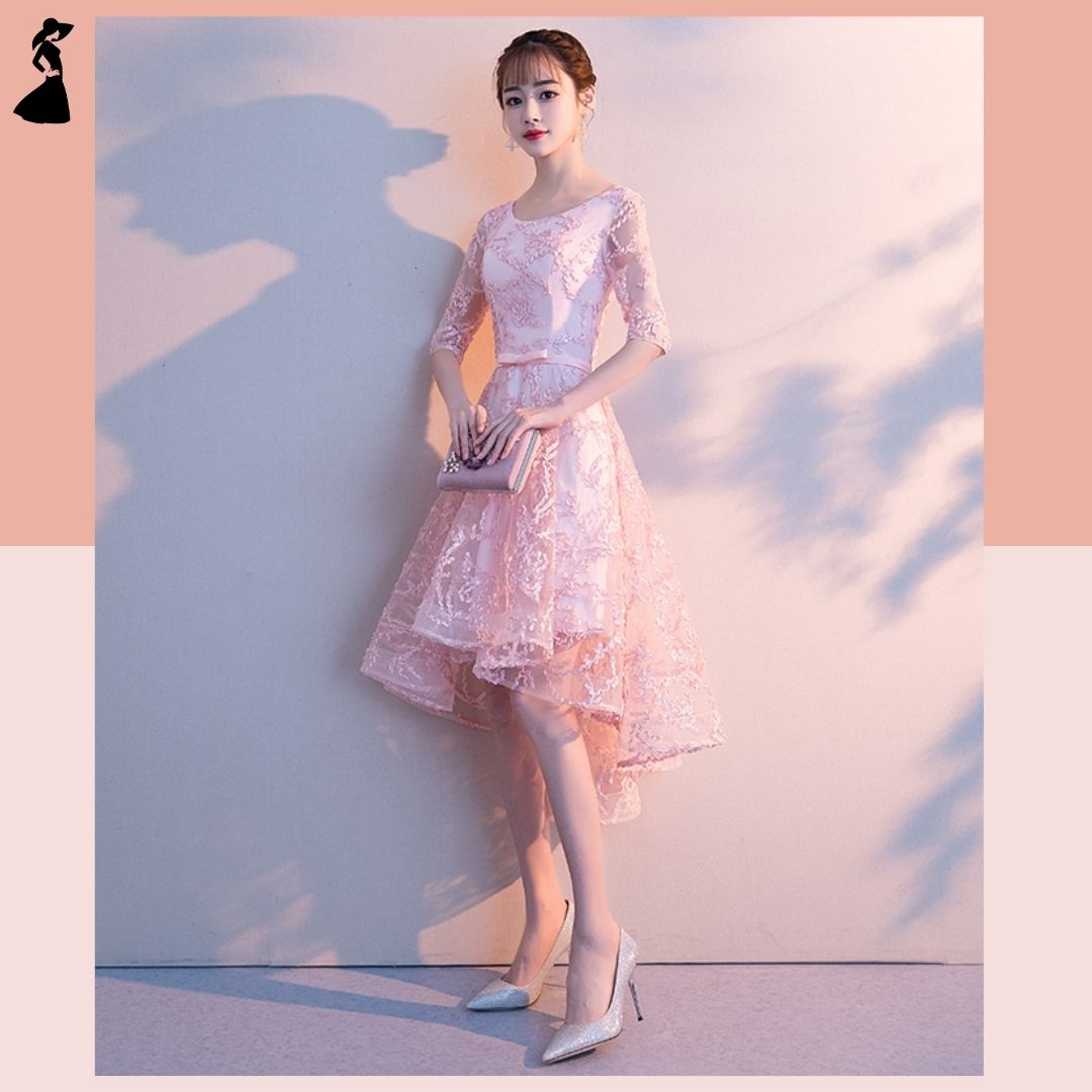 ชุดราตรี ชุดออกงาน ชุดไปงานแต่งงาน สีชมพูโอรส คอกลม แขนสั้น กระโปรงหน้าสั้นหน้า