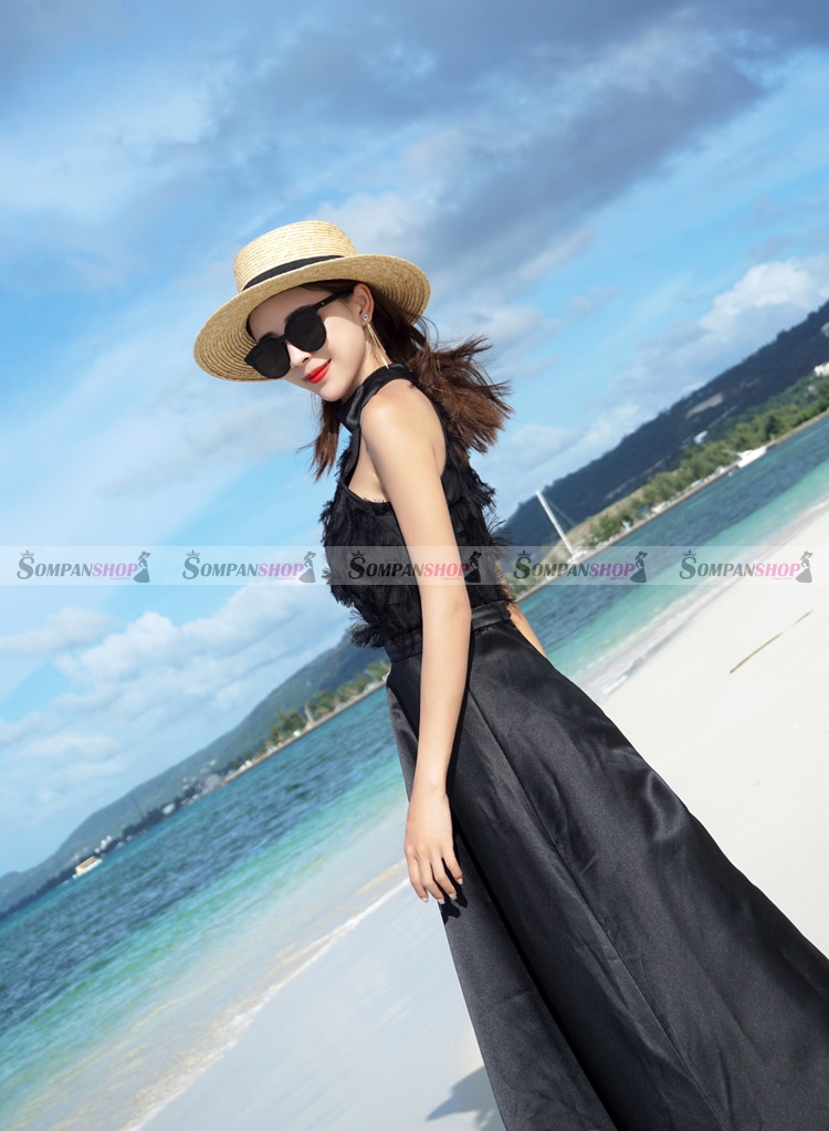 SALE : ชุดเดรสยาวสีดำ แขนกุด แต่งขนฟรุ้งฟริ้งน่ารัก กระโปรงยาวทรงบาน แนวสวยหวาน น่ารักๆ