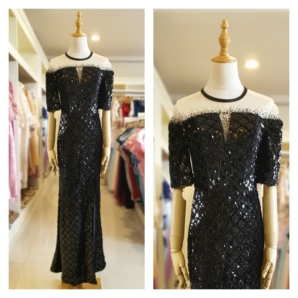 ชุดราตรี ชุดออกงาน ชุดไปงานสีดำ เดรสทรงเข้ารูป ผ้าปักเลื่อม สวยหรูสง่าสุดๆ