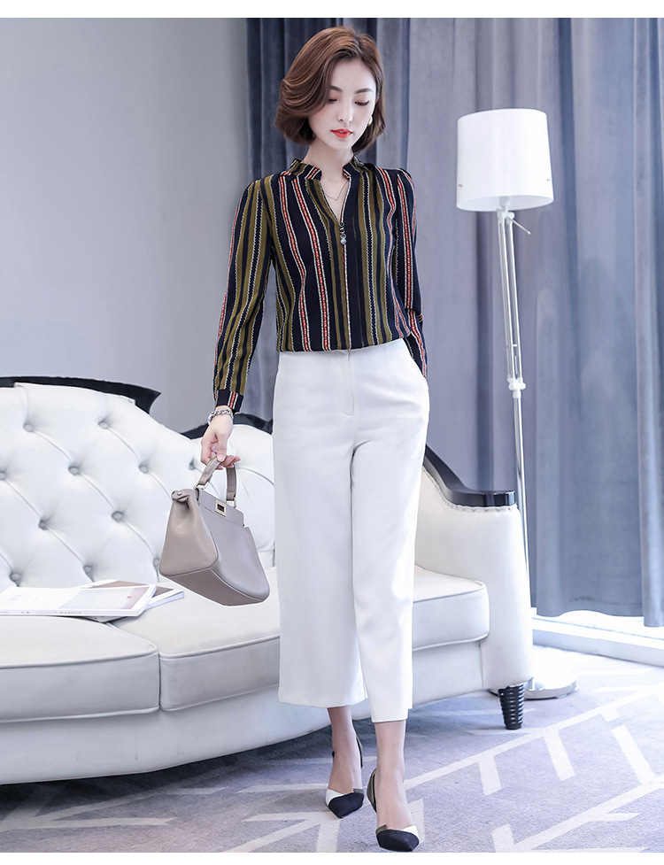 เสื้อเชิ้ตผู้หญิงทำงานสีเขียว ลายทาง แขนยาว