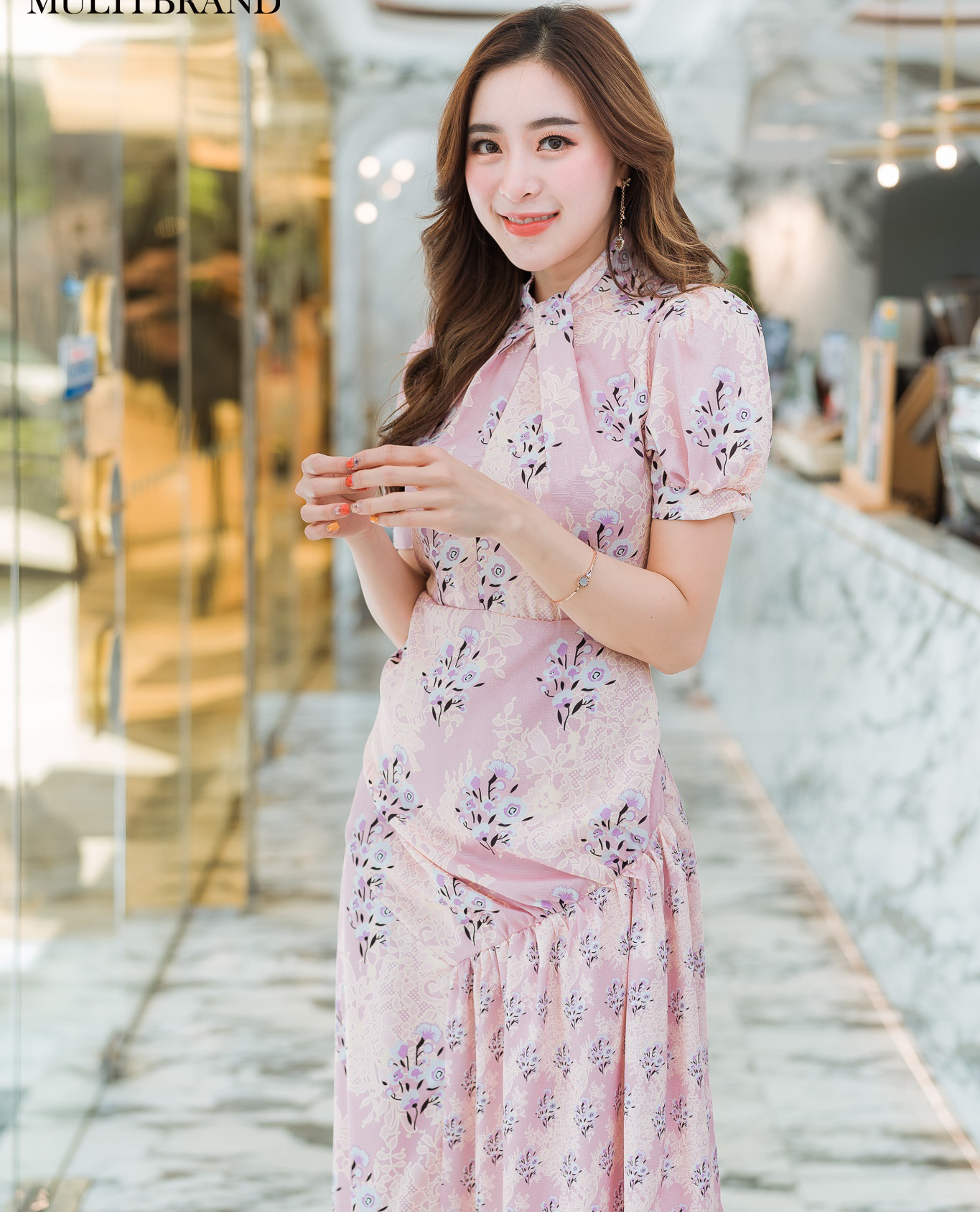 ชุดเดรสยาวลายดอกไม้ สี : ชมพู,ฟ้า