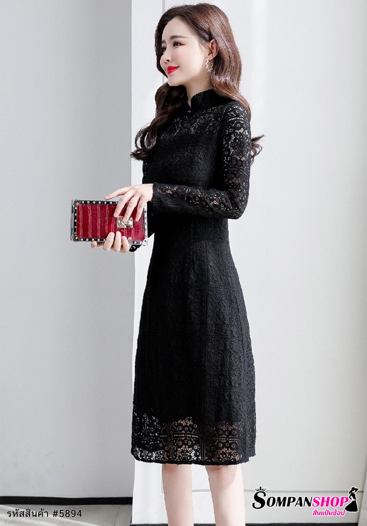 ชุดเดรสสั้นลูกไม้สีดำ คอจีน แขนยาว แนวเรียบหรู สวยดูดี สุภาพ