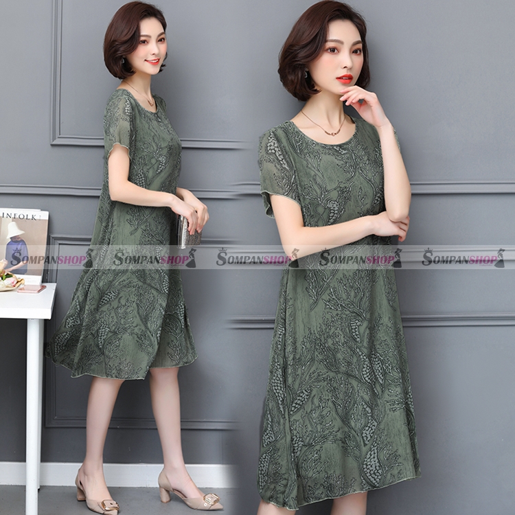 ชุดเดรสสั้นสีเขียว ทรงปล่อย ผ้าชีฟอง ลุคเรียบๆ สวยดูดี สวมใส่ได้หลายโอกาส