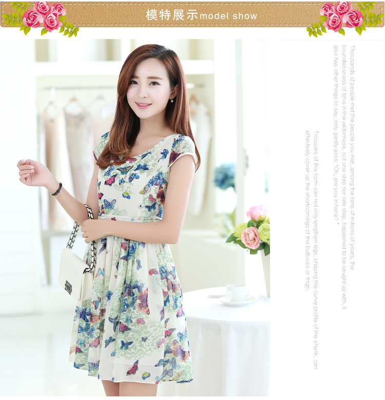  ชุดเดรสทำงานสีเขียว ลายดอกไม้ แขนสั้น ผ้าชีฟอง สวยหวาน เรียบๆ ดูดี 