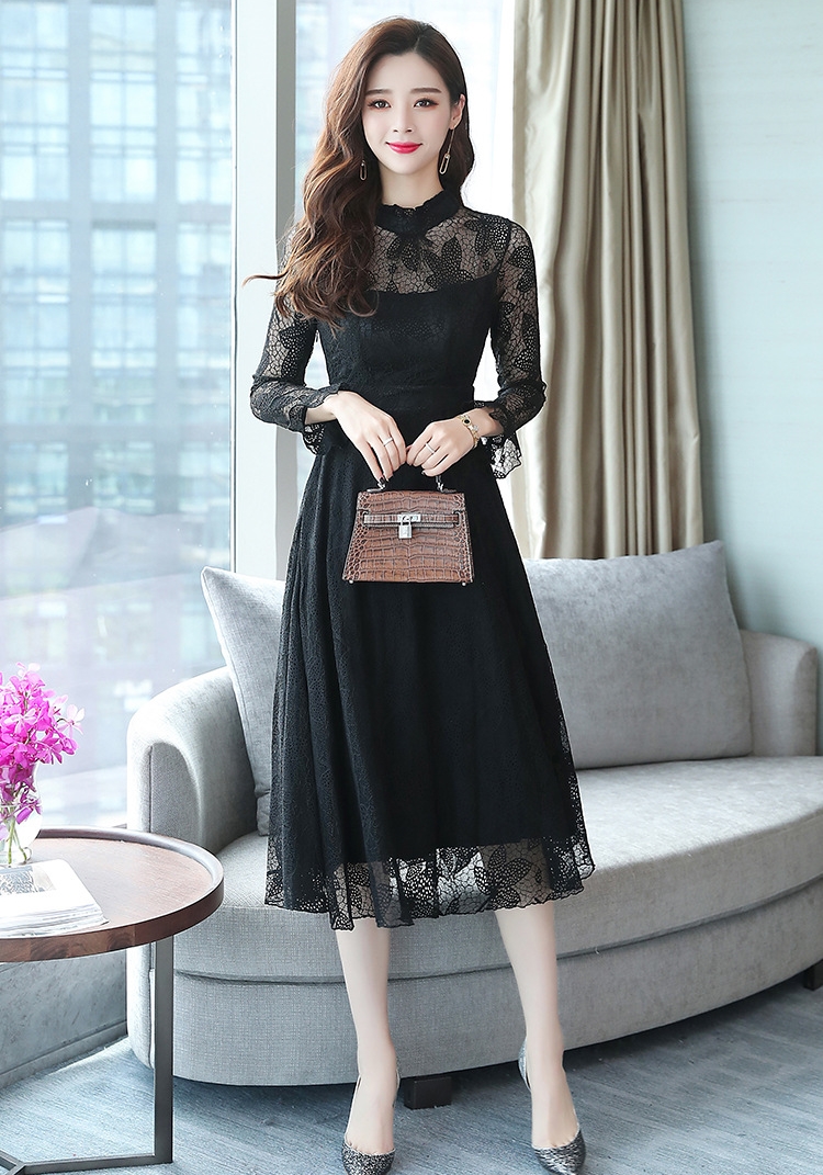 ชุดเดรสลูกไม้สีดำ คอระบาย แขนยาว กระโปรงทรงบานคลุมเข่า สวยๆ สุภาพ เรียบหรู ดูดีดูแพง ใส่ไปงาน ใส่ทำงาน สำเนา