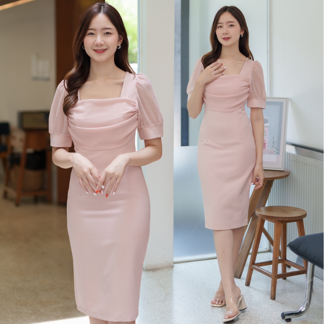 ชุดเดรสออกงานสีชมพูโอรส ทรงเข้ารูป แขนสั้น แนวเรียบหรู สวยสง่า ใส่ออกงาน ไปงานแต่ง ใส่ทำงานได้