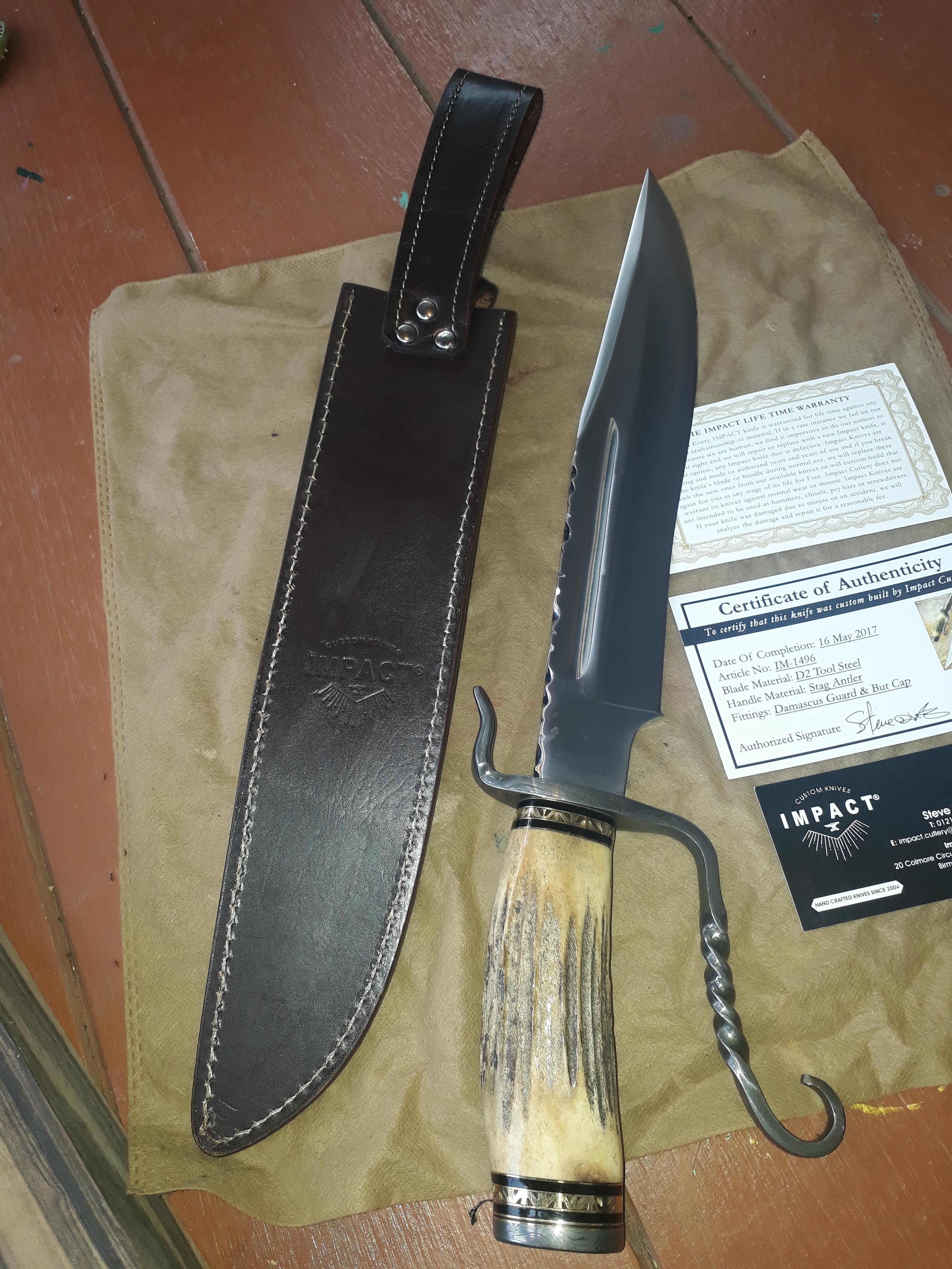 IMPACT CUTLERY RARE CUSTOM 1 OF A KIND BOWIE KNIFE STAG ANTLER DAMASCUS GUARD