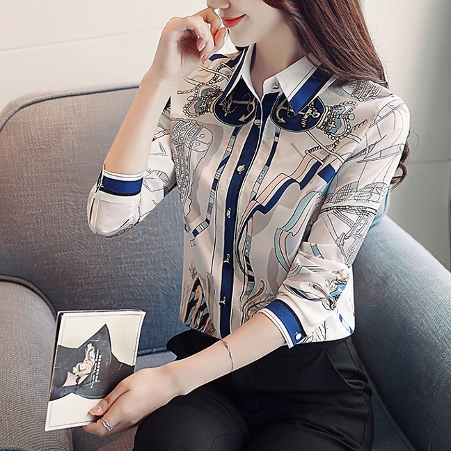เสื้อเชิ้ตผู้หญิงสีขาวลายเรือสวยเก๋ คอปก แขนยาว กระดุมหน้า