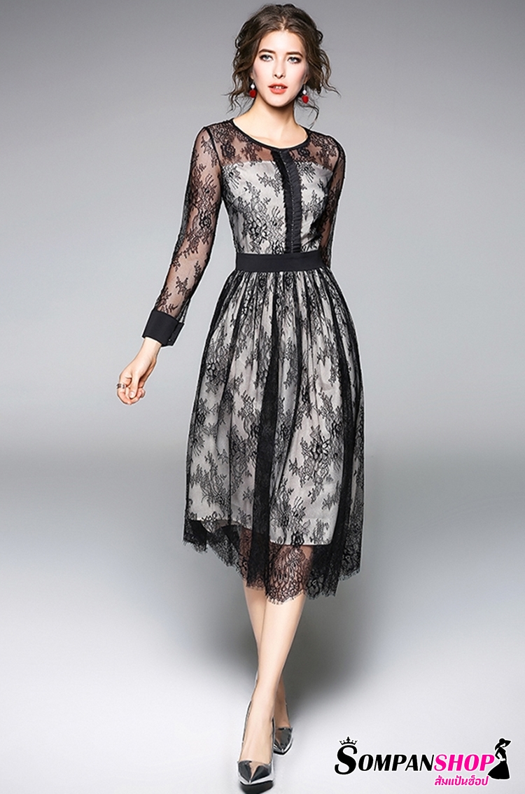 ชุดเดรสลูกไม้สีดำ แขนยาว เรียบหรู สวยหรูดูแพง ใส่แล้วดูดีมากๆ