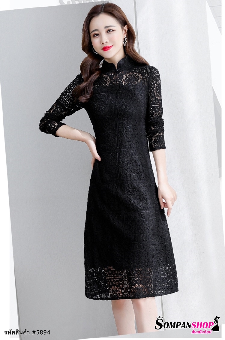 ชุดเดรสสั้นลูกไม้สีดำ คอจีน แขนยาว แนวเรียบหรู สวยดูดี สุภาพ