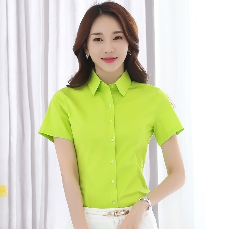 เสื้อเชิ้ตผู้หญิงสีเขียวอ่อน คอปก แขนสั้น กระดุมหน้า