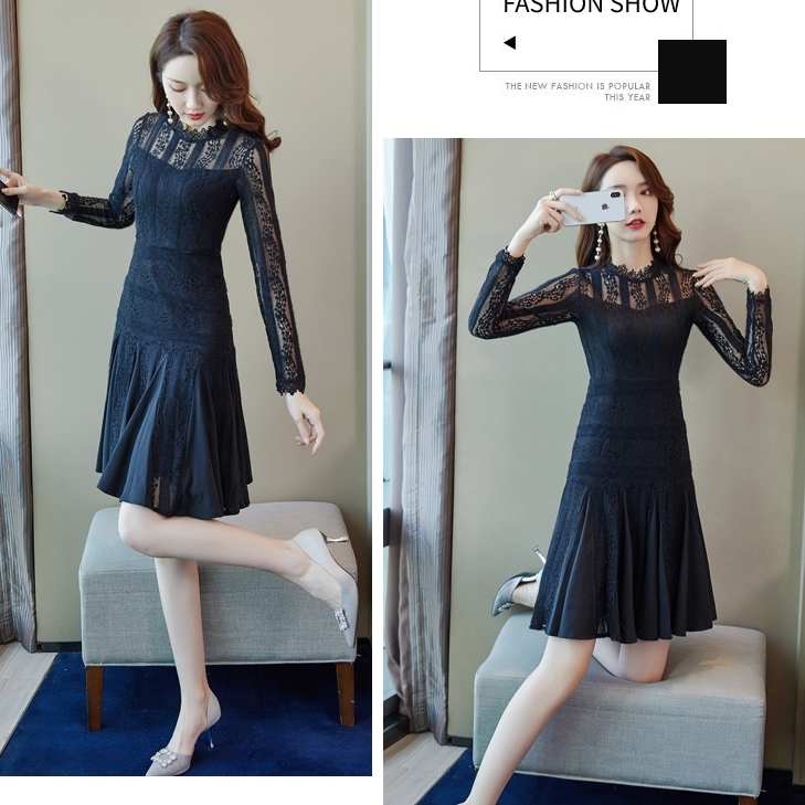 ชุดเดรสสั้นสีดำ ผ้าลูกไม้ แขนยาว กระโปรงทรงหางปลาแต่งระบาย