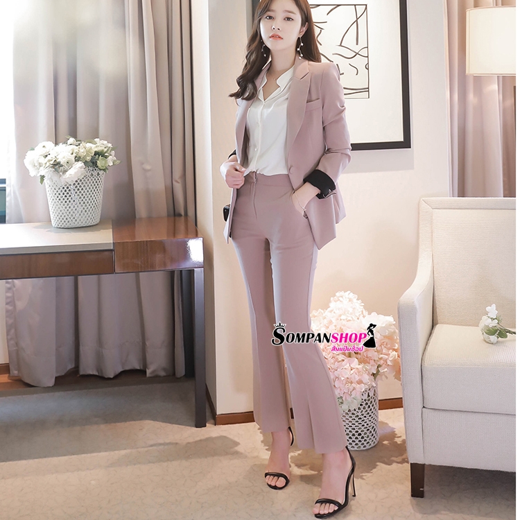 ชุดสูทผู้หญิงสีชมพู เซ็ท2ชิ้น เสื้อสูท+กางเกงขายาวทรงกระบอกเล็ก
