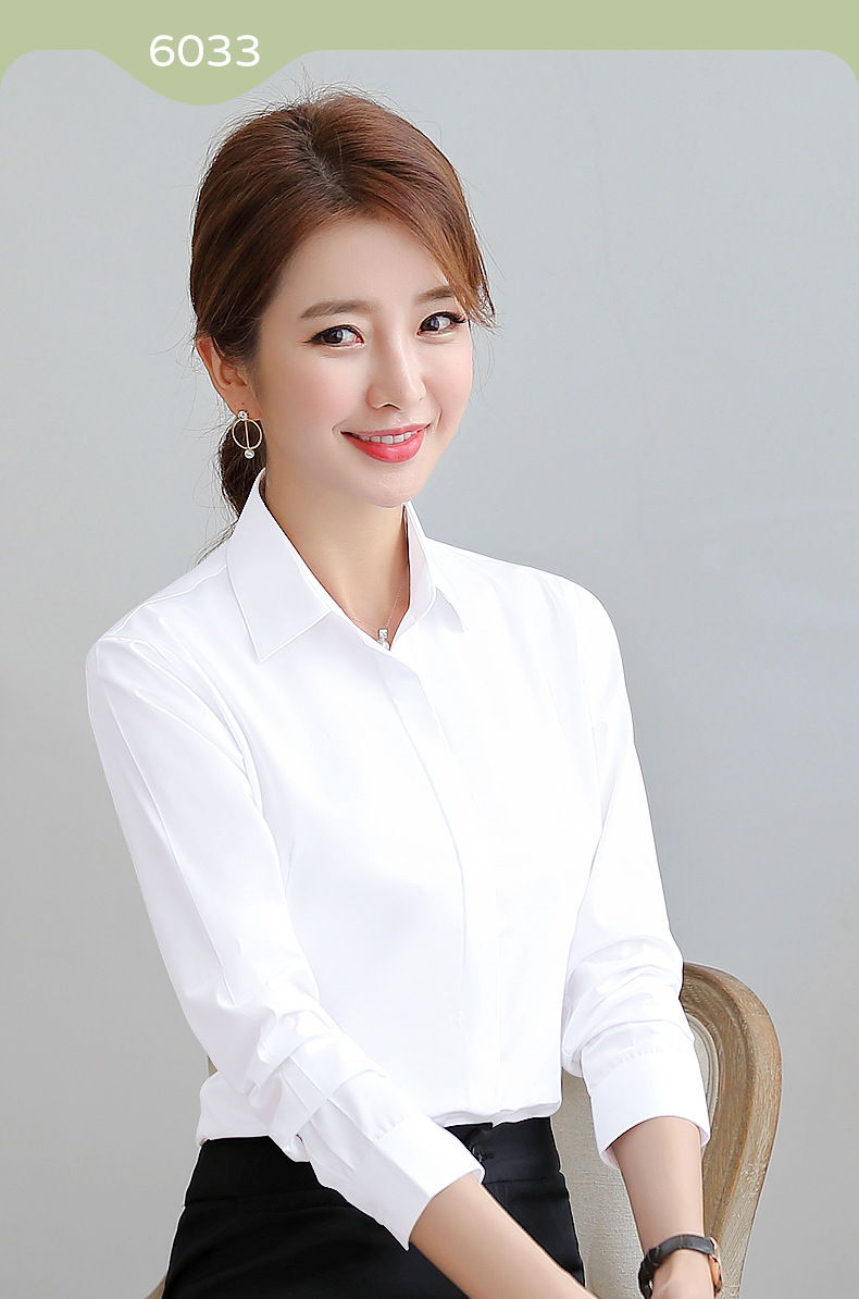 เสื้อเชิ้ตทำงานผู้หญิงสีขาว เสื้อเชิ้ตคอปก แขนยาว กระดุมหน้า ผ้าชีฟอง ใส่ทำงานได้