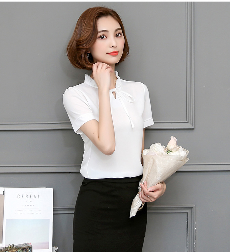 เสื้อเชิ้ตผู้หญิงทำงานสีขาว แขนสั้น คอจีบ