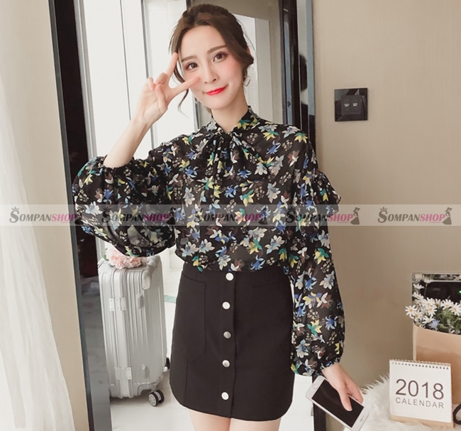 เสื้อเชิ้ตผู้หญิงสีดำ แขนยาว ลายดอกไม้ ผูกโบว์ที่คอเสื้อน่ารัก