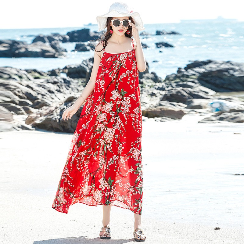 พร้อมส่ง !! ชุดเดรสยาวสีแดงลายดอกไม้ สายเดี่ยว เดรสทรงปล่อย ชุดใส่เดินเล่นถ่ายรูปริมชายหาดสวยๆ แฟชั่นชุดไปทะเล ชุดเที่ยวทะเล