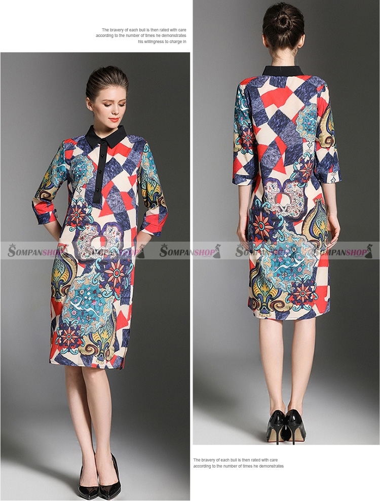 ชุดเดรสสั้นพิมพ์ลายสวยๆ เก๋ คอปก ทรงปล่อย แขนสามส่วน